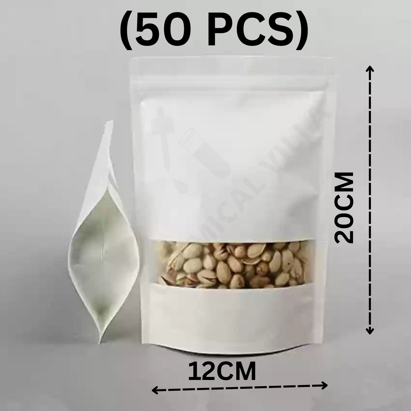White Kraft Standup Pouch with Matt Window ..5 sizes available 50pcs/Lot - Chemical Villa
