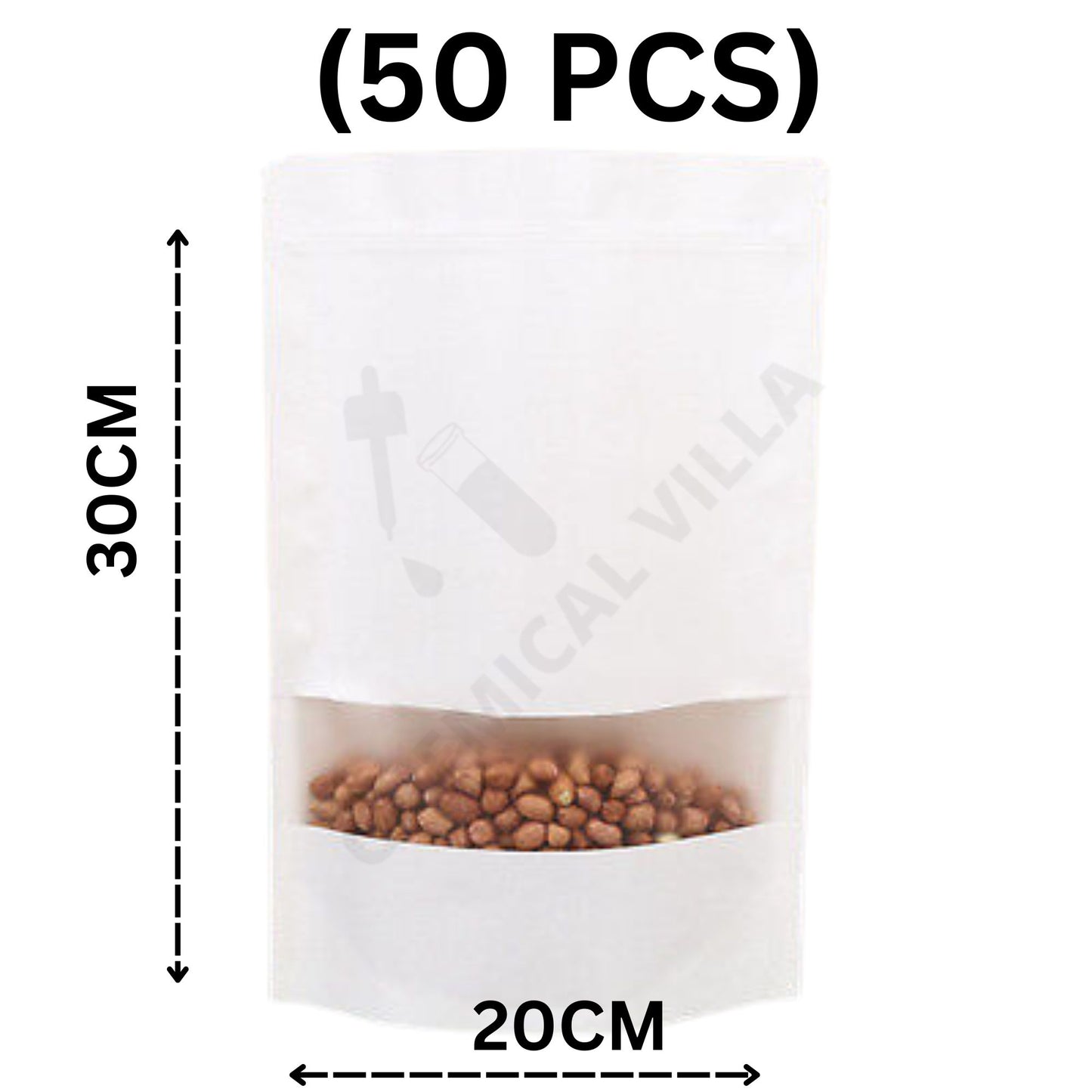 White Kraft Standup Pouch with Matt Window ..5 sizes available 50pcs/Lot - Chemical Villa
