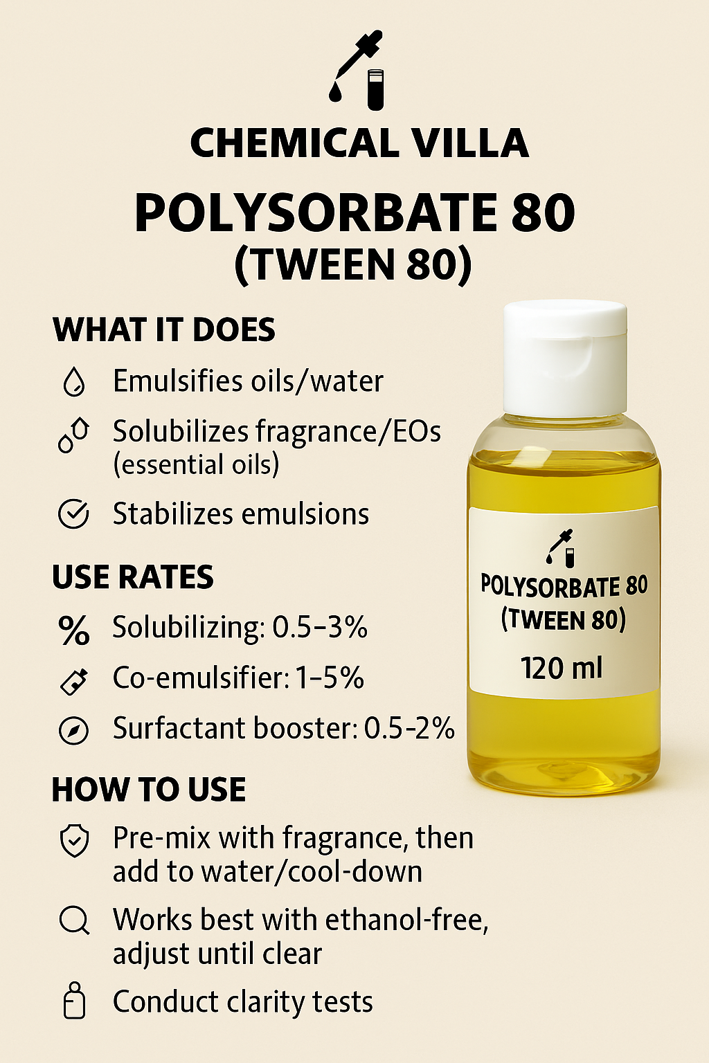 Polysorbate 80 (Tween 80) – 120 ml | Cosmetic-Grade Emulsifier & Solubilizer | Chemical Villa