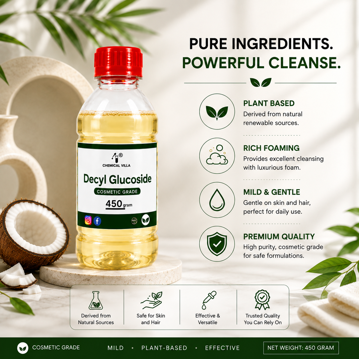 Decyl Glucoside 450g | Cosmetic Grade Plant-Based Surfactant | Chemical Villa