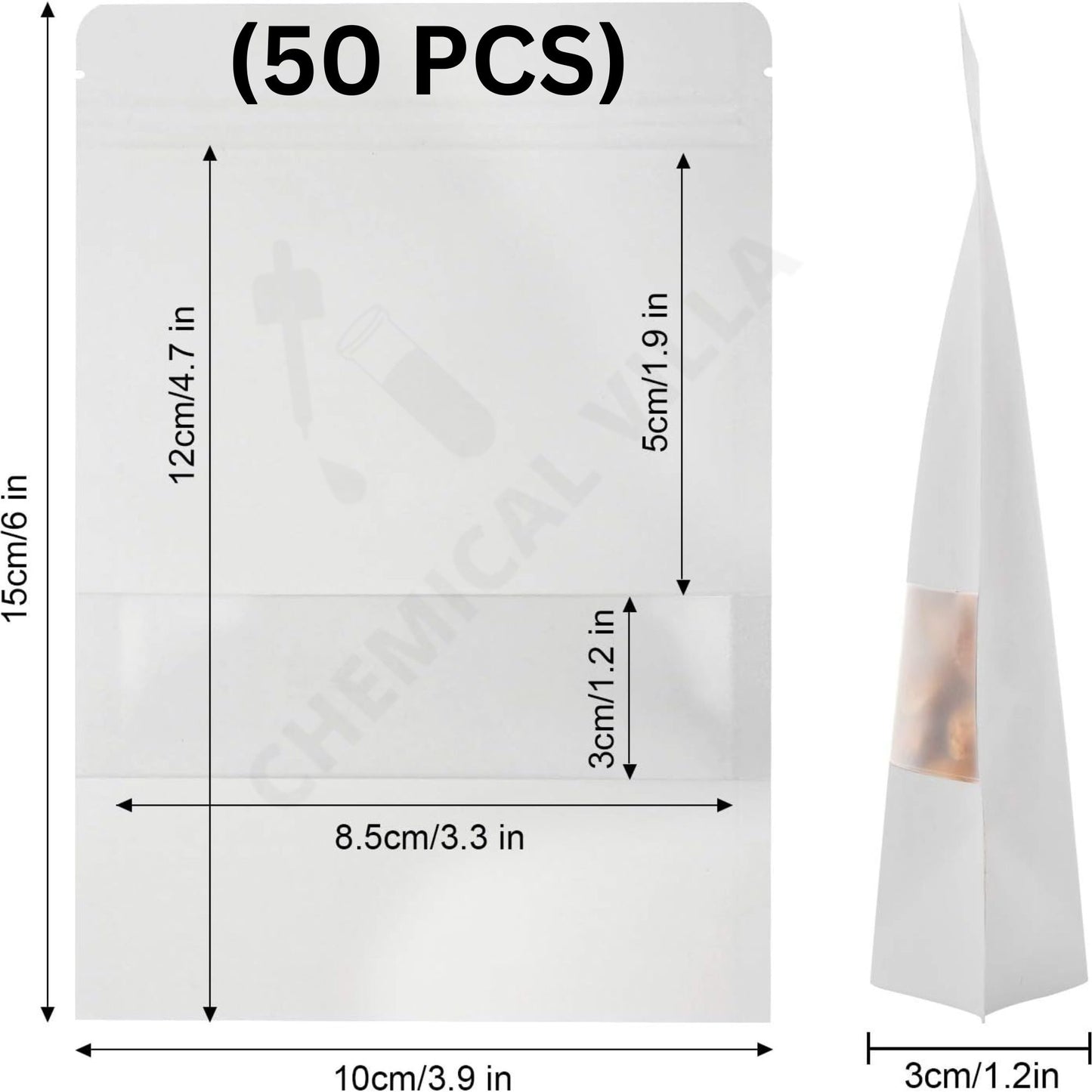 White Kraft Standup Pouch with Matt Window ..5 sizes available 50pcs/Lot - Chemical Villa
