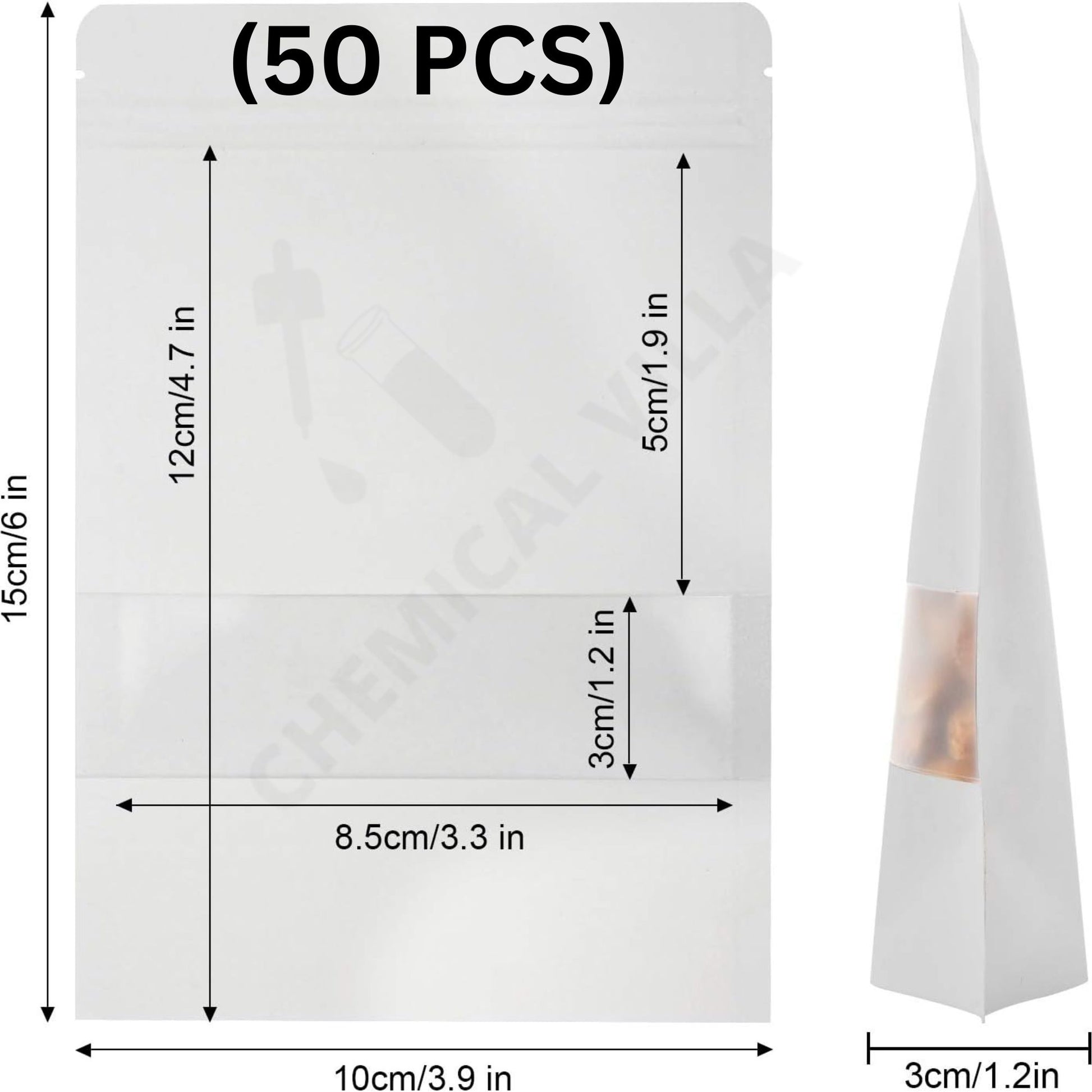 White Kraft Standup Pouch with Matt Window ..5 sizes available 50pcs/Lot - Chemical Villa