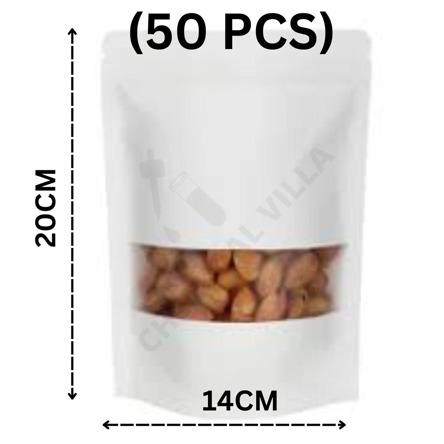 White Kraft Standup Pouch with Matt Window ..5 sizes available 50pcs/Lot - Chemical Villa