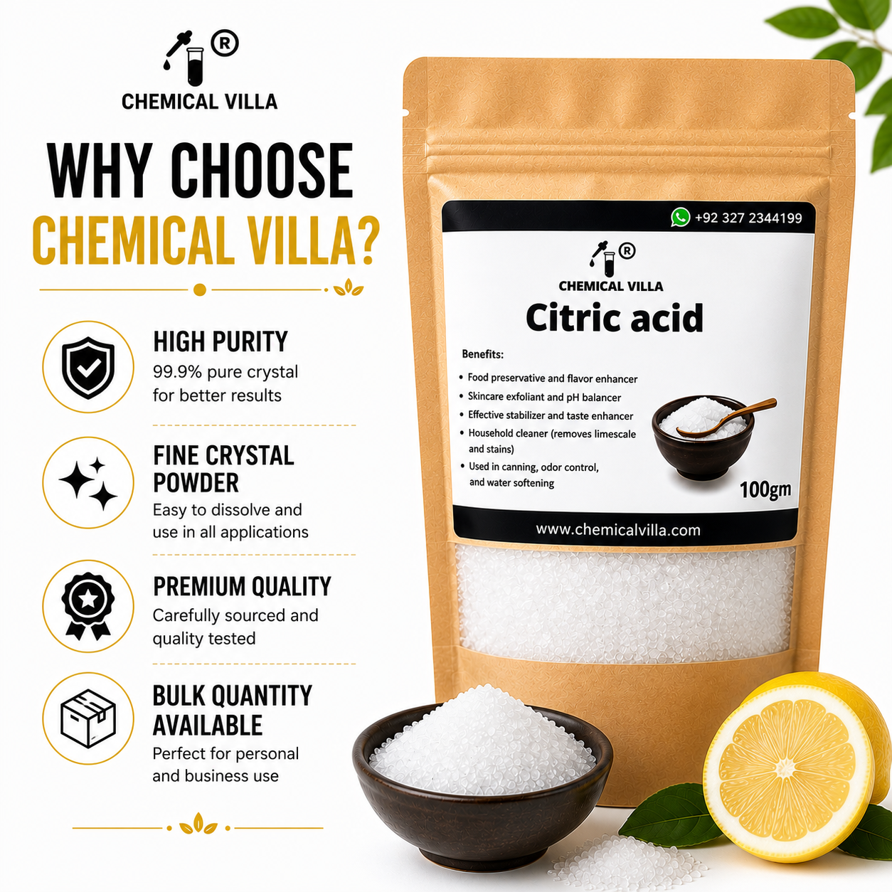 Citric Acid Powder 100g | Food & Cosmetic Grade | Pure Crystal | Chemical Villa