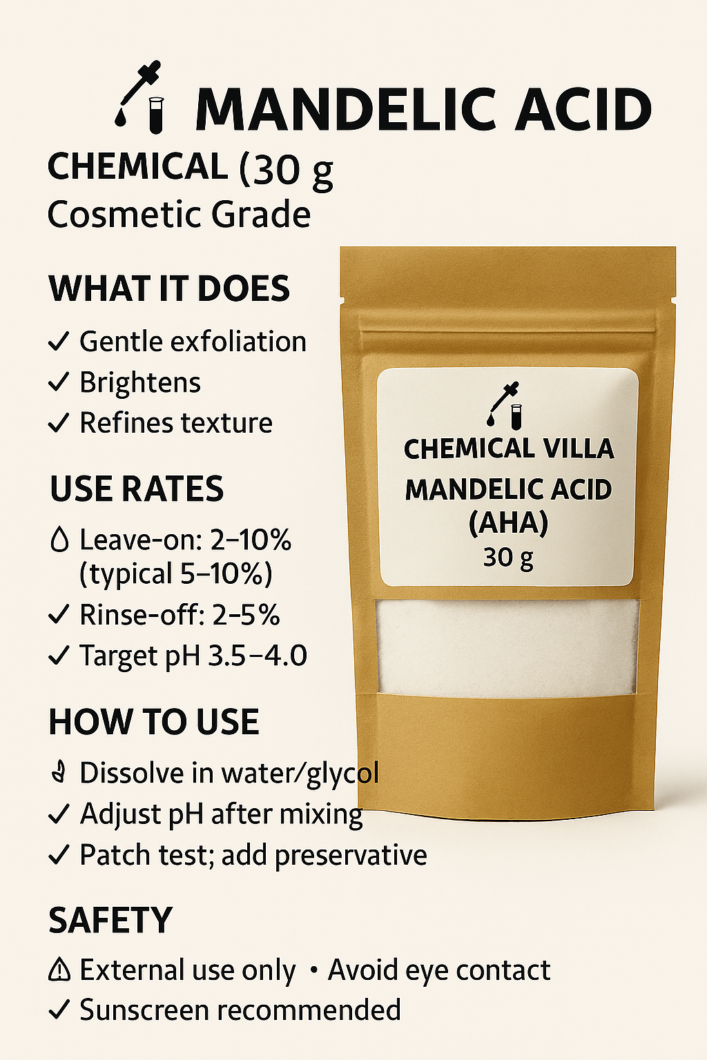 Mandelic Acid – 30 g | Cosmetic-Grade AHA Exfoliant | Chemical Villa