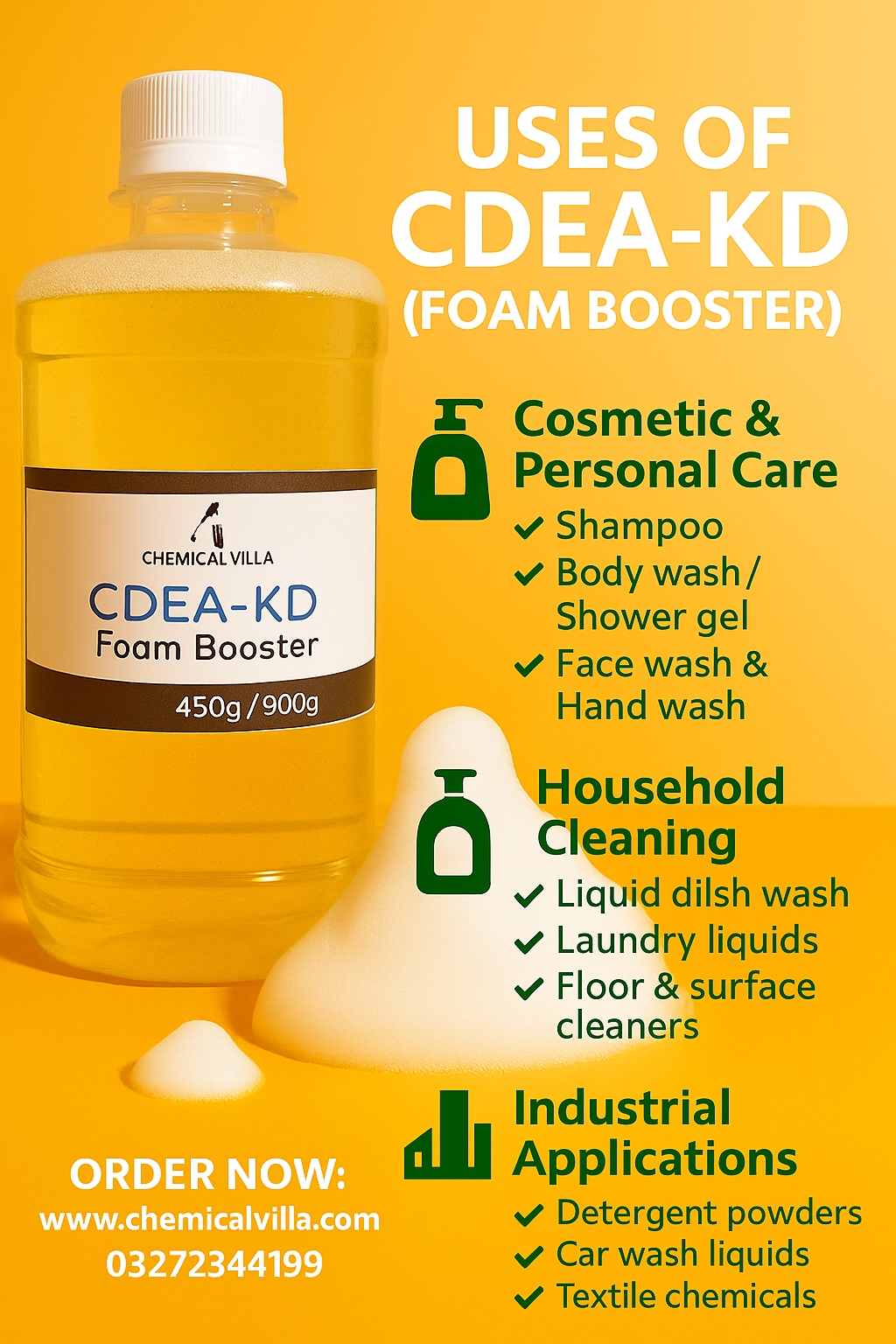 CDEA-KD Foam Booster (450g) | Rich Lather, Stable Foam for Shampoos, Soaps, Detergents & Car Wash β Chemical Villa