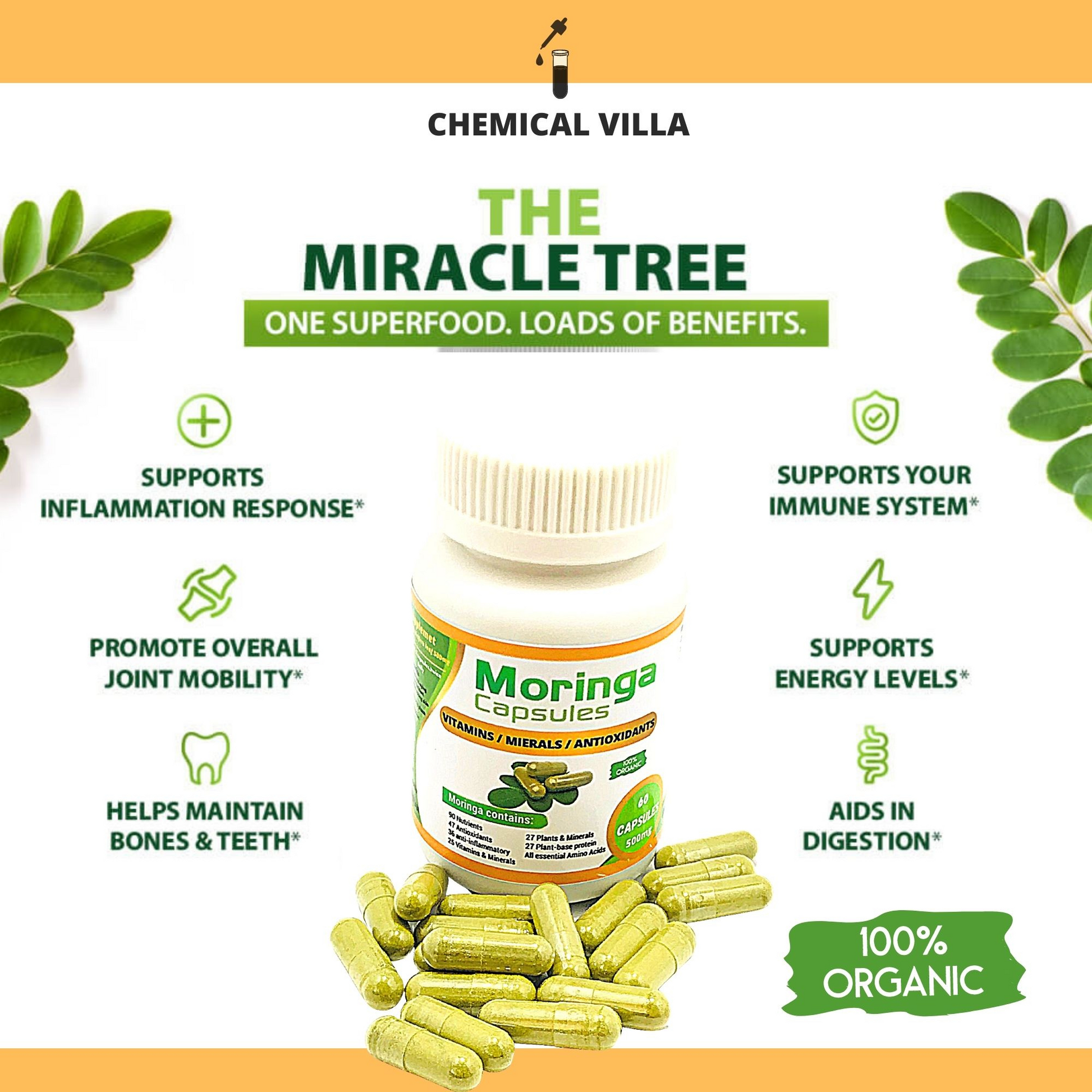 Organic Moringa Capsules 60 Capsules 500mg – Lab Tested Approved, Metabolism, & Immune Support nutrient-rich superfood | Non GMO and Gluten Free - Chemical Villa