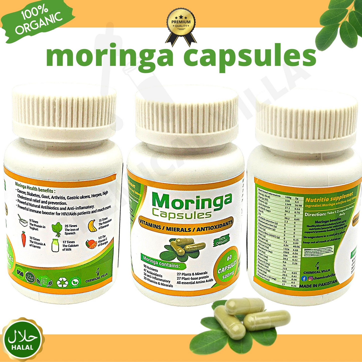 Organic Moringa Capsules 60 Capsules 500mg – Lab Tested Approved, Metabolism, & Immune Support nutrient-rich superfood | Non GMO and Gluten Free - Chemical Villa