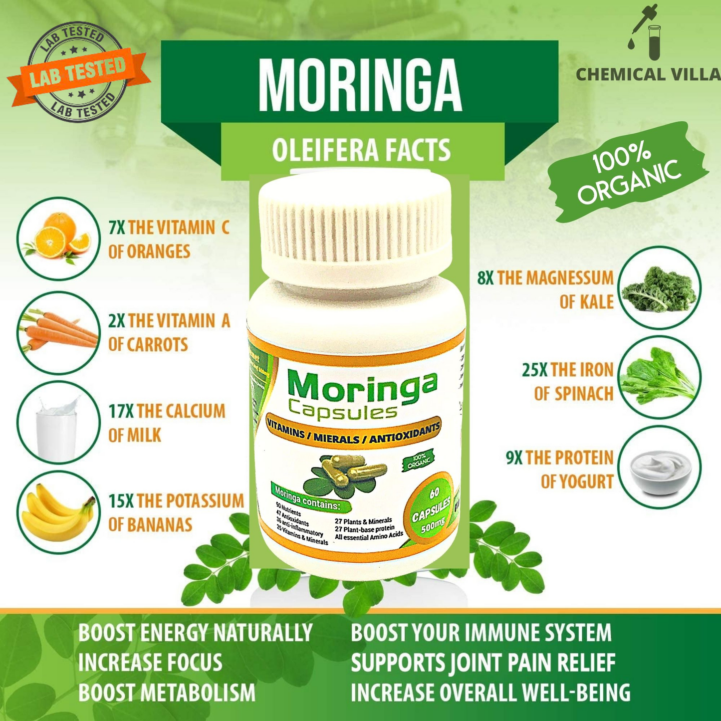 Organic Moringa Capsules 60 Capsules 500mg – Lab Tested Approved, Metabolism, & Immune Support nutrient-rich superfood | Non GMO and Gluten Free - Chemical Villa