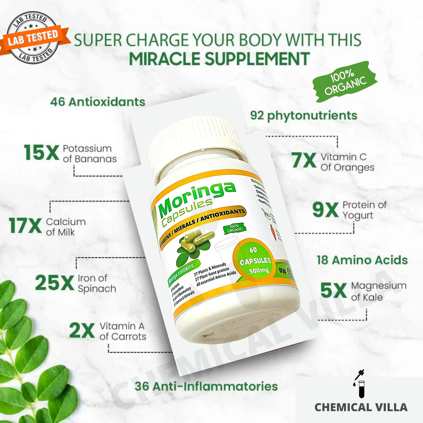 Organic Moringa Capsules 60 Capsules 500mg – Lab Tested Approved, Metabolism, & Immune Support nutrient-rich superfood | Non GMO and Gluten Free - Chemical Villa