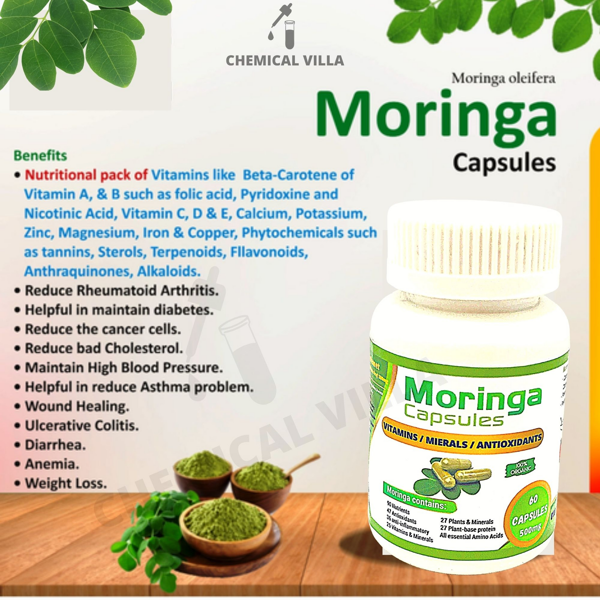 Organic Moringa Capsules 60 Capsules 500mg – Lab Tested Approved, Metabolism, & Immune Support nutrient-rich superfood | Non GMO and Gluten Free - Chemical Villa