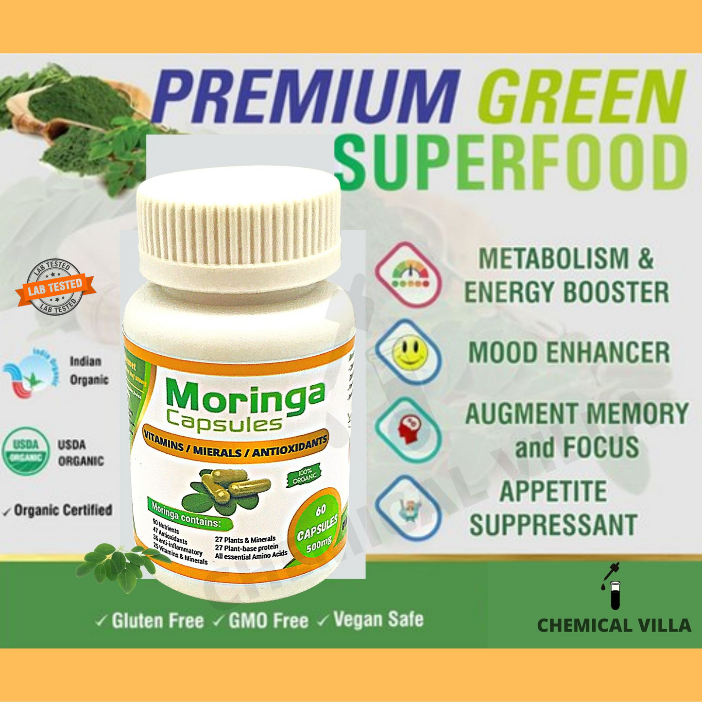 Organic Moringa Capsules 60 Capsules 500mg – Lab Tested Approved, Metabolism, & Immune Support nutrient-rich superfood | Non GMO and Gluten Free - Chemical Villa