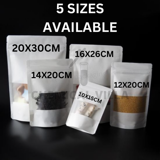 White Kraft Standup Pouch with Matt Window ..5 sizes available 50pcs/Lot - Chemical Villa