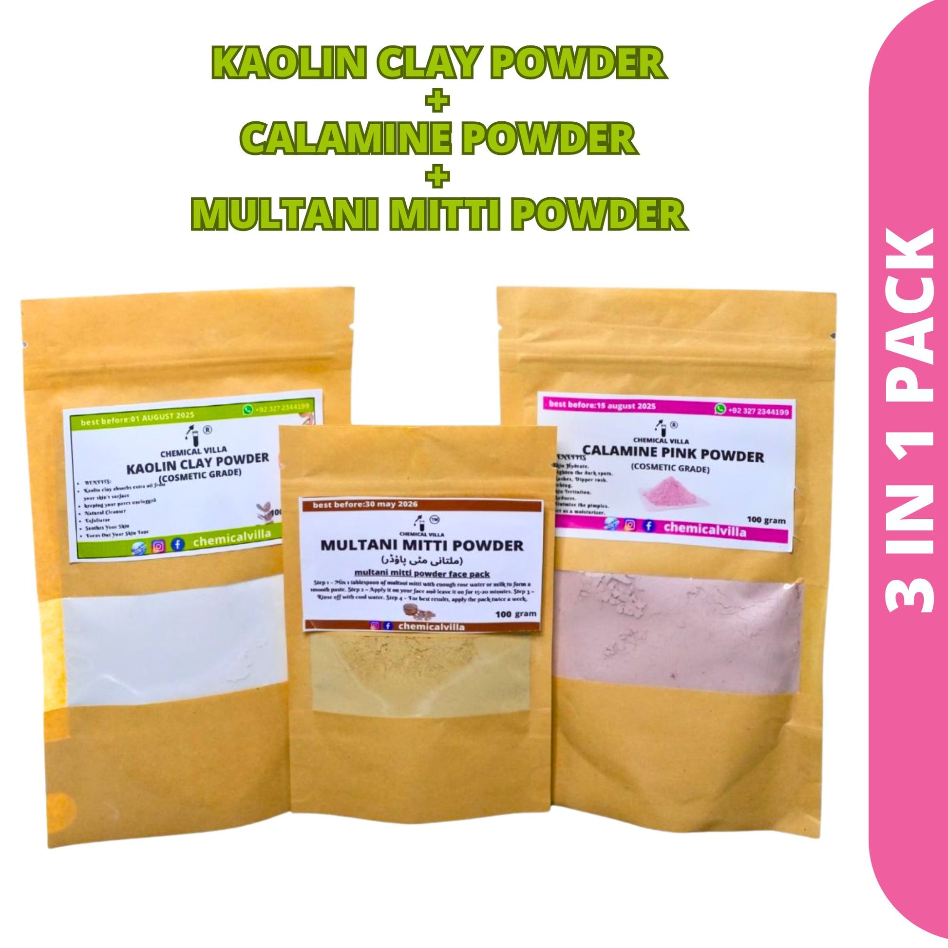 Bundle of 3 Kaolin Clay Powder+Multani Mitti Mask Powder+calamine Pink Clay Powder for Face Pack 100% pure Natural & Organic/3 in 1 pack bundle - Chemical Villa