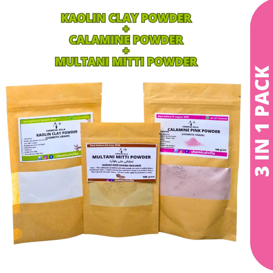 Bundle of 3 Kaolin Clay Powder+Multani Mitti Mask Powder+calamine Pink Clay Powder for Face Pack 100% pure Natural & Organic/3 in 1 pack bundle - Chemical Villa