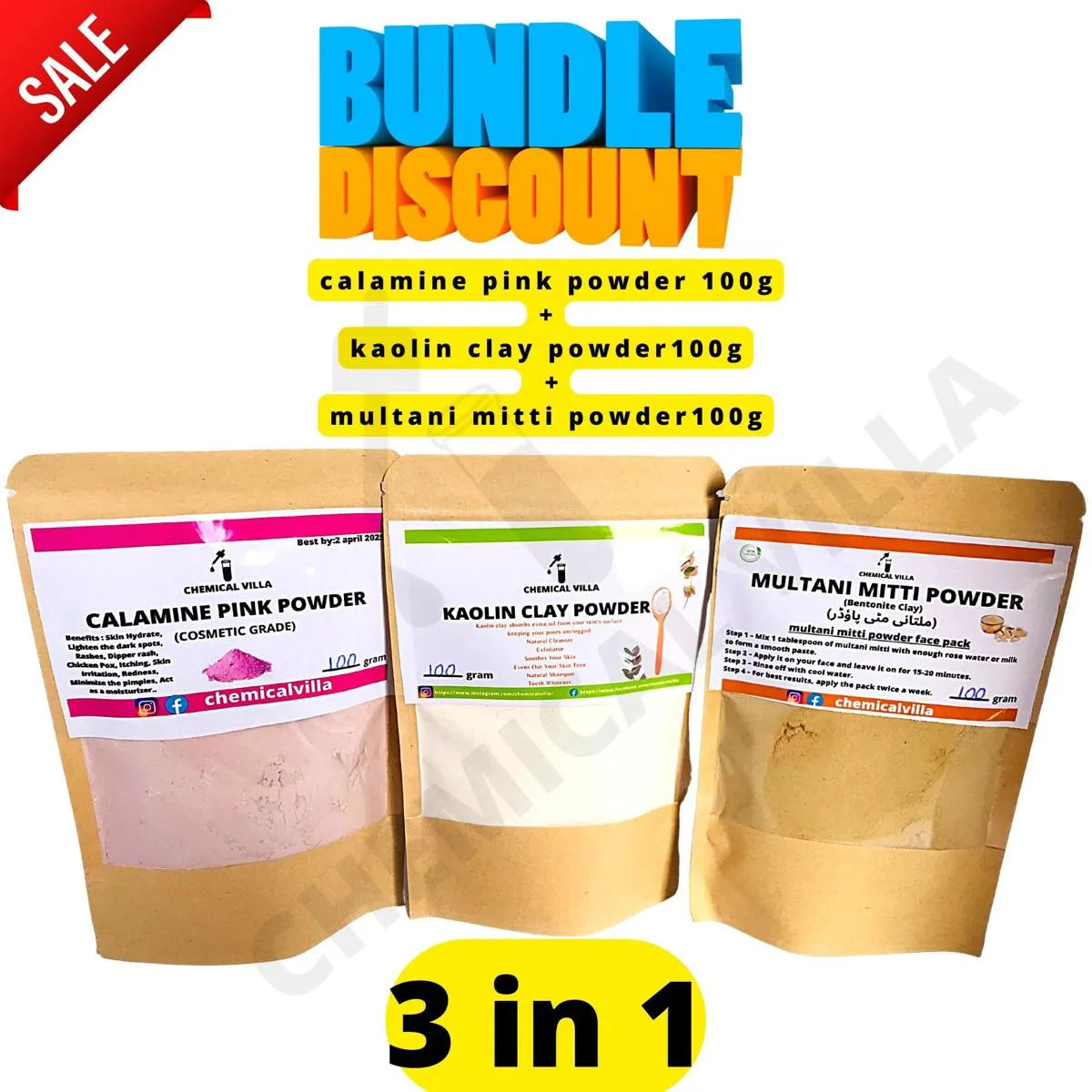 Bundle of 3 Kaolin Clay Powder+Multani Mitti Mask Powder+calamine Pink Clay Powder for Face Pack 100% pure Natural & Organic/3 in 1 pack bundle - Chemical Villa