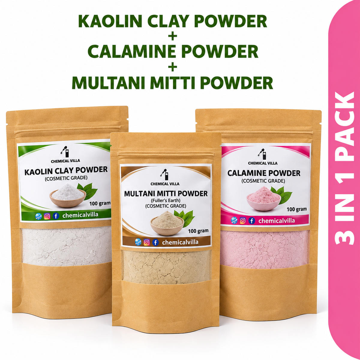 Bundle of 3 Kaolin Clay Powder+Multani Mitti Mask Powder+calamine Pink Clay Powder for Face Pack 100% pure Natural & Organic/3 in 1 pack bundle