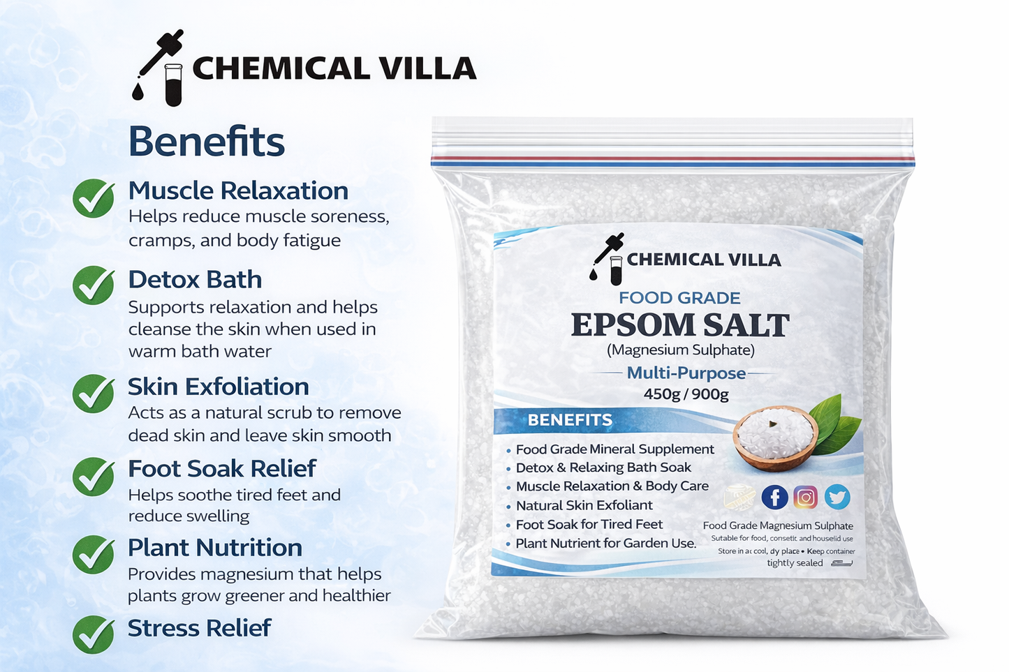 "Epsom Salt food grade 450gm - Natural Mineral Fertilizer | Magnesium Sulfate