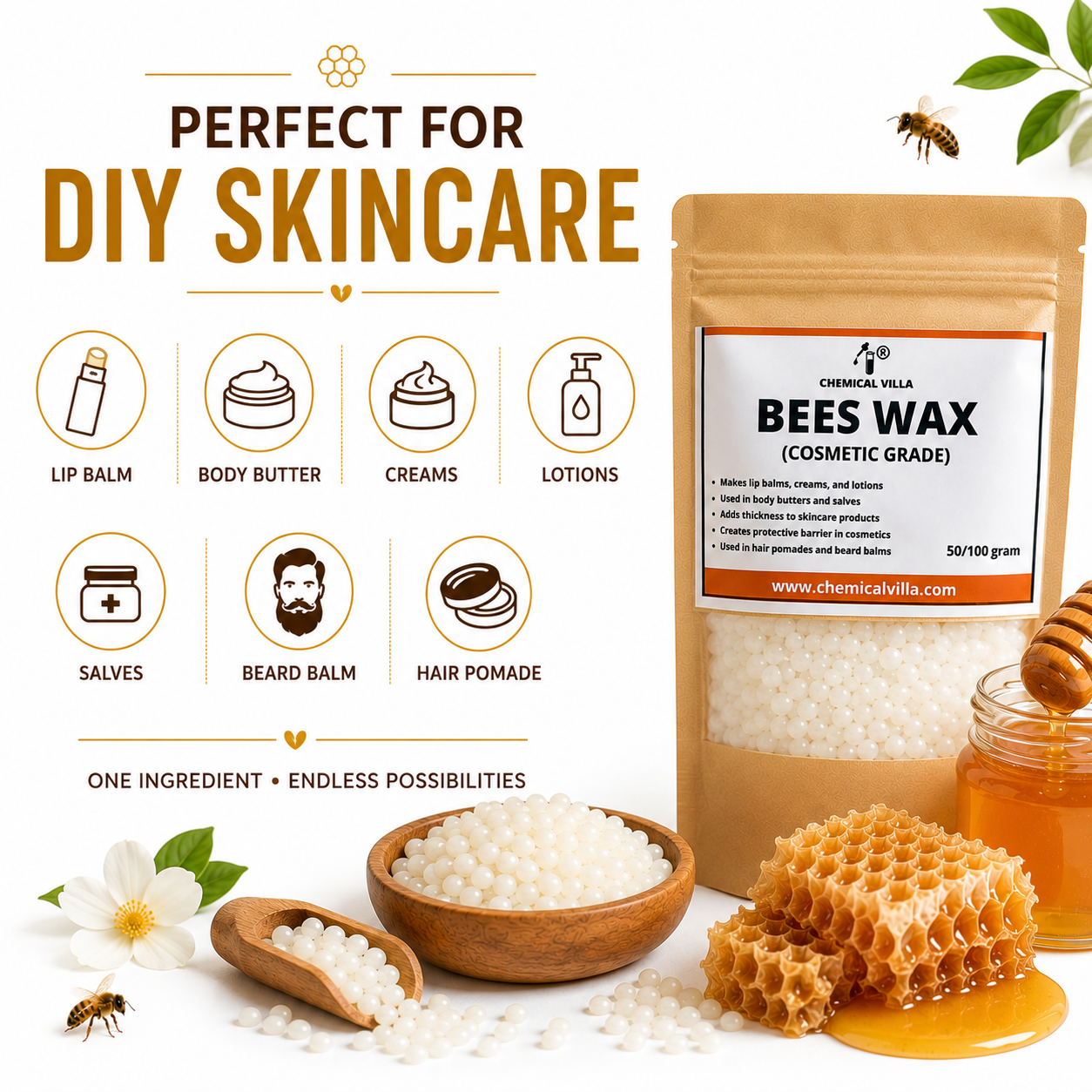 Pure Refined Beeswax (Cosmetic Grade) 50g / 100g | Chemical Villa