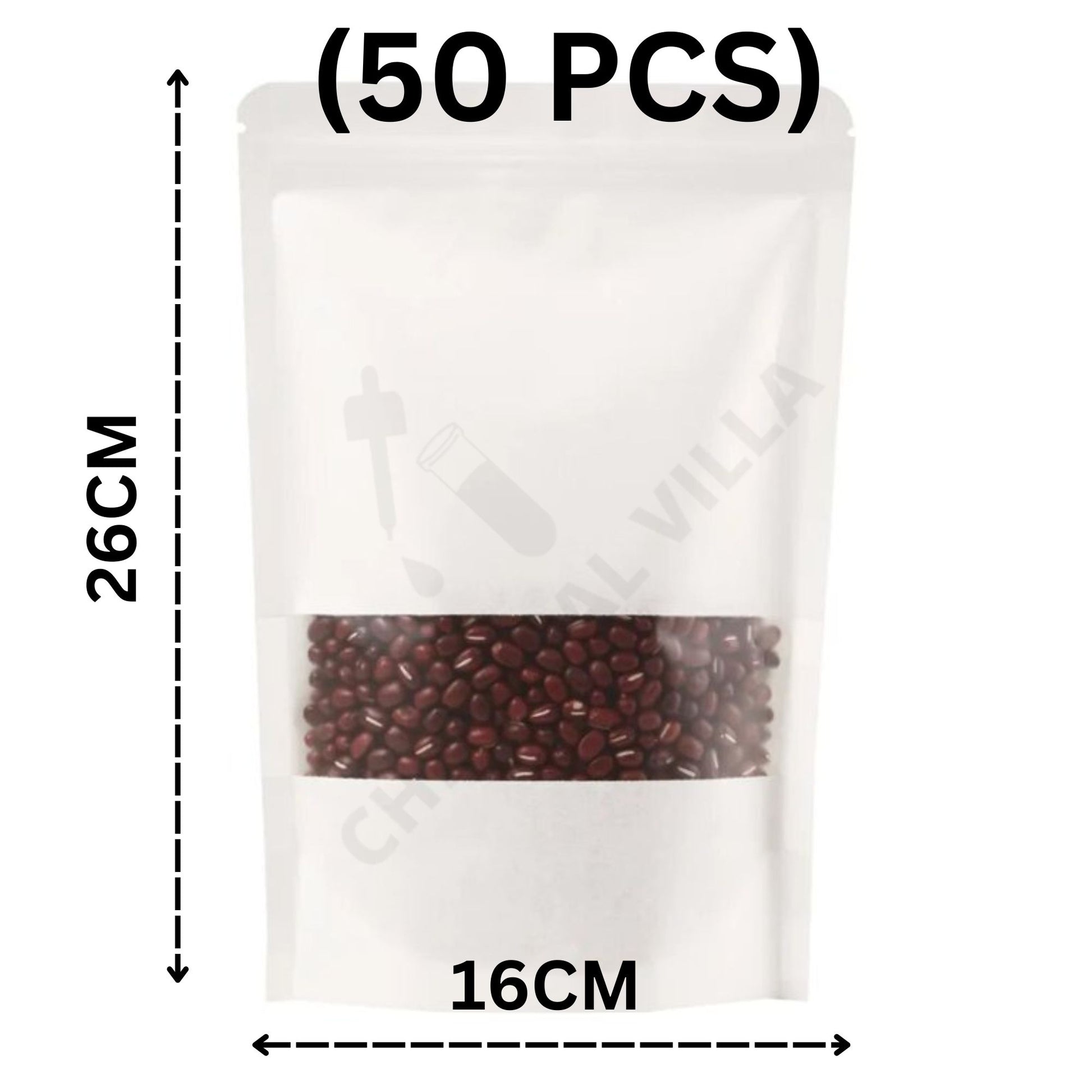 White Kraft Standup Pouch with Matt Window ..5 sizes available 50pcs/Lot - Chemical Villa