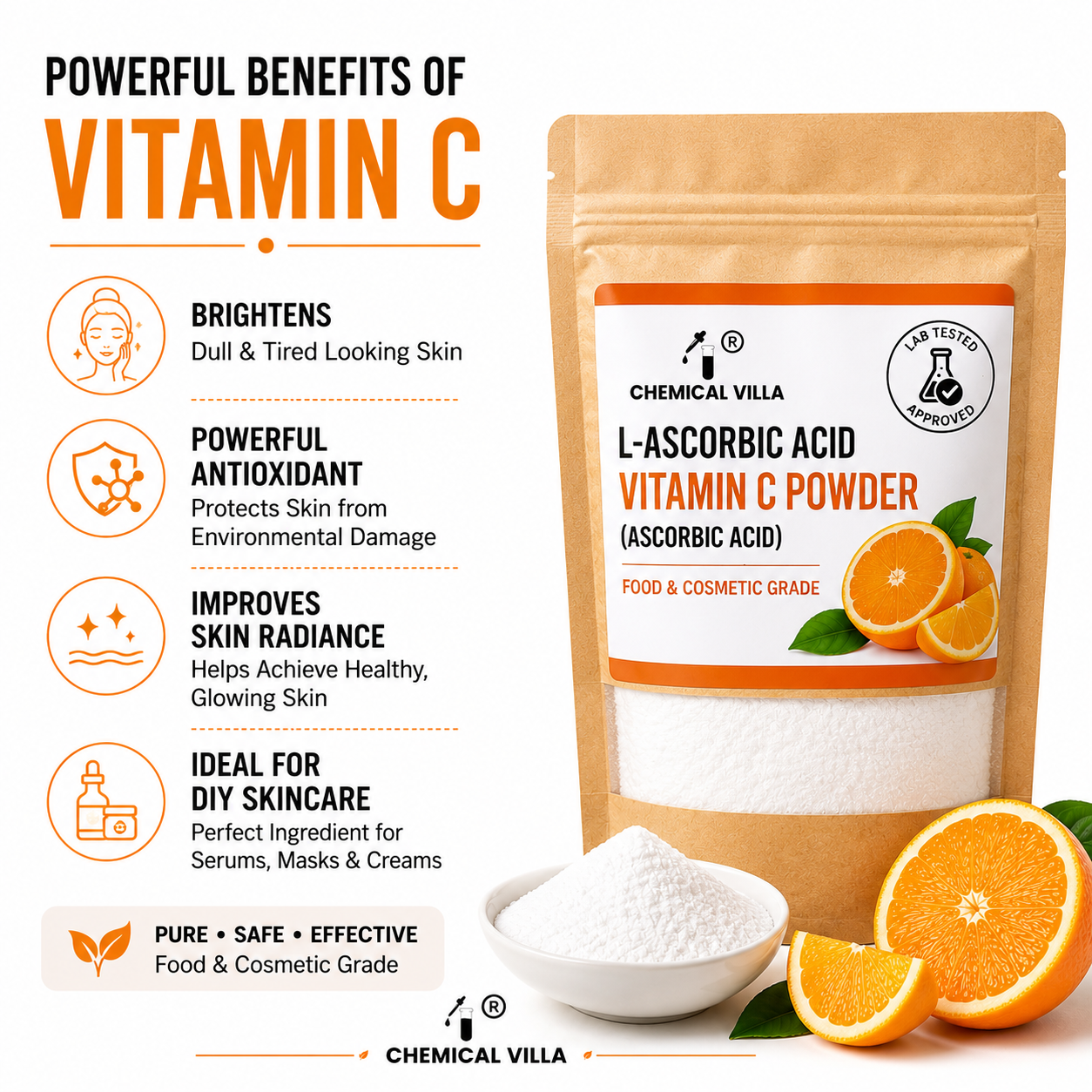 L-Ascorbic Acid (Vitamin C Powder) Food & Cosmetic Grade | Lab Tested | Chemical Villa Pakistan
