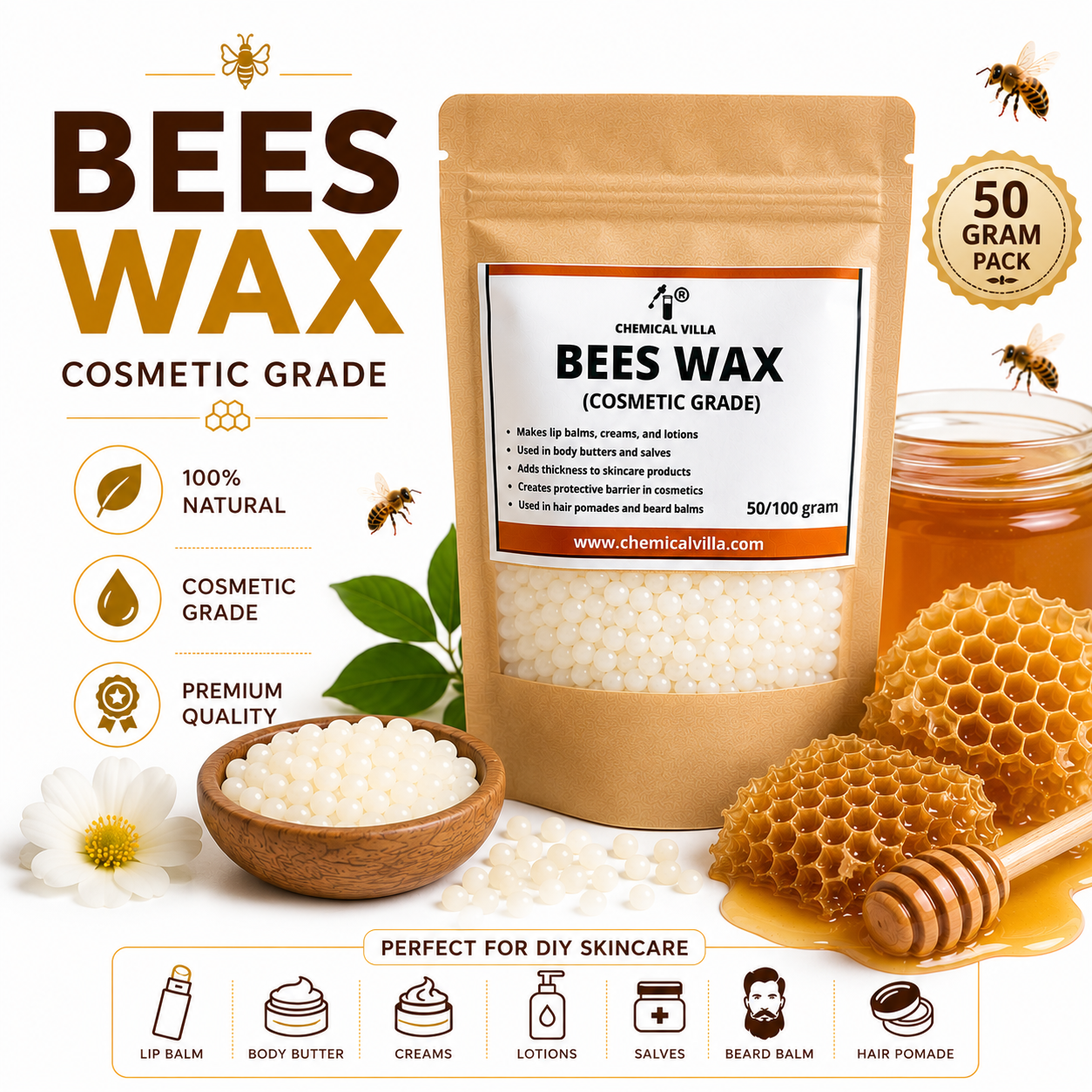 Pure Refined Beeswax (Cosmetic Grade) 50g / 100g | Chemical Villa