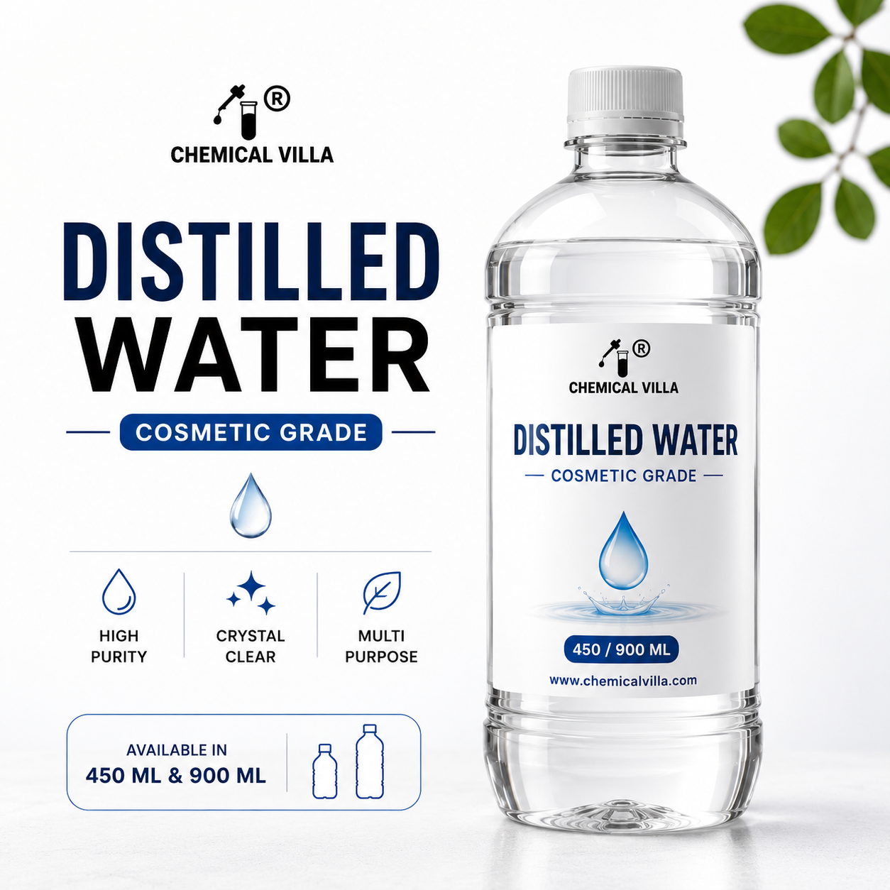Distilled Water Cosmetic Grade | Pure Deionized Water for Skincare, Soap Making & DIY Cosmetics | 450ml & 900ml | Chemical Villa