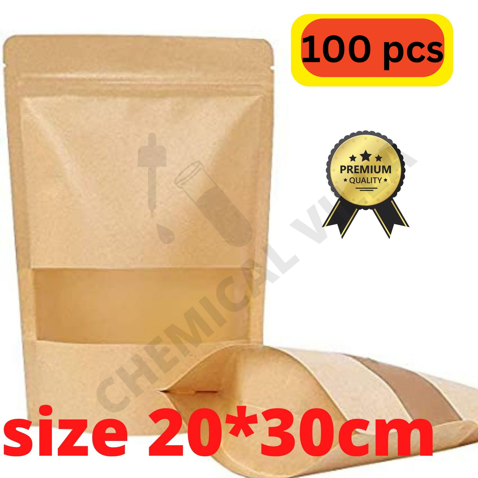 20x30 cm food Grade Kraft paper stand up Pouches 50/100 pcs, Kraft paper Pouch with&nbsp; Resealable Zip Lock Food Storage Bag - Chemical Villa