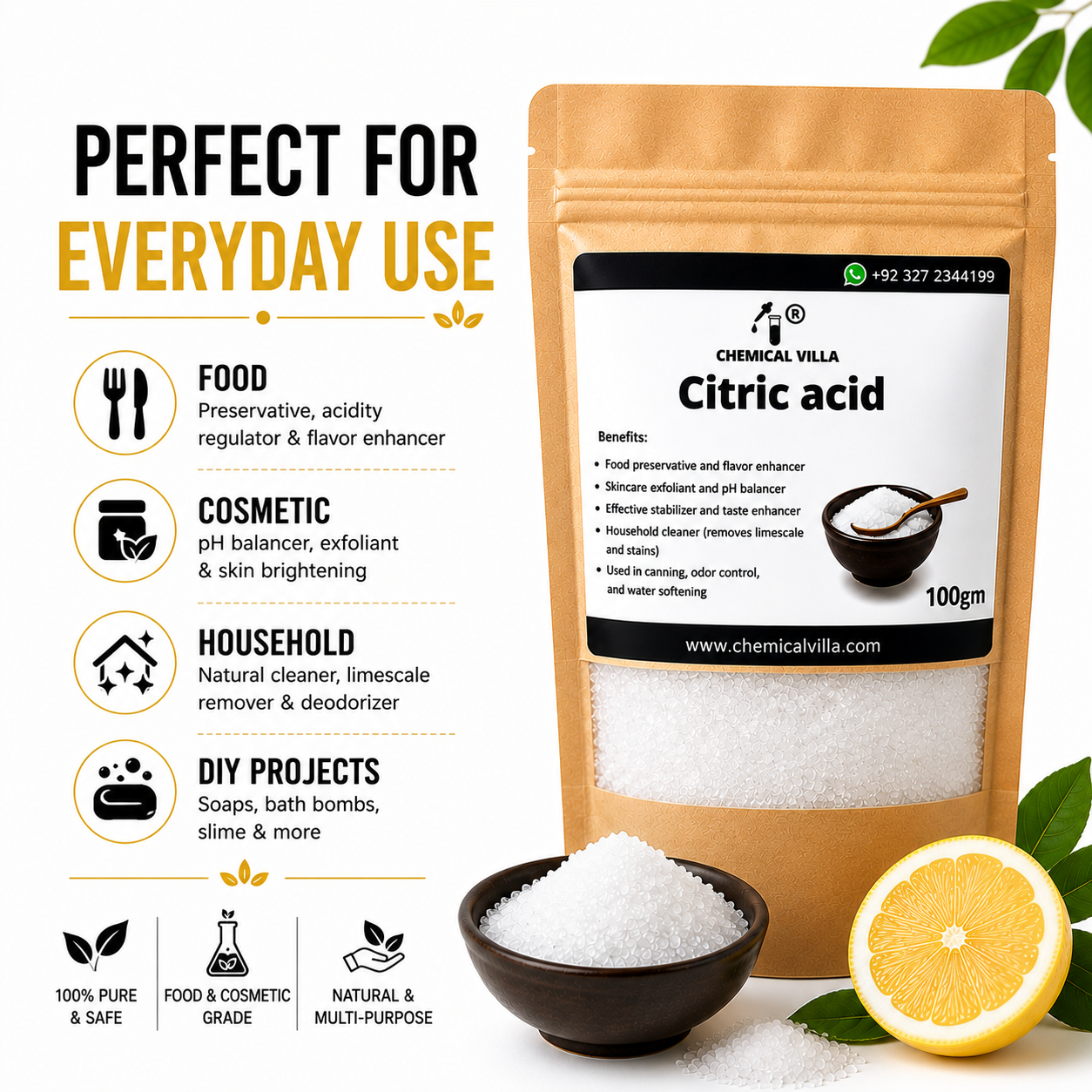 Citric Acid Powder 100g | Food & Cosmetic Grade | Pure Crystal | Chemical Villa