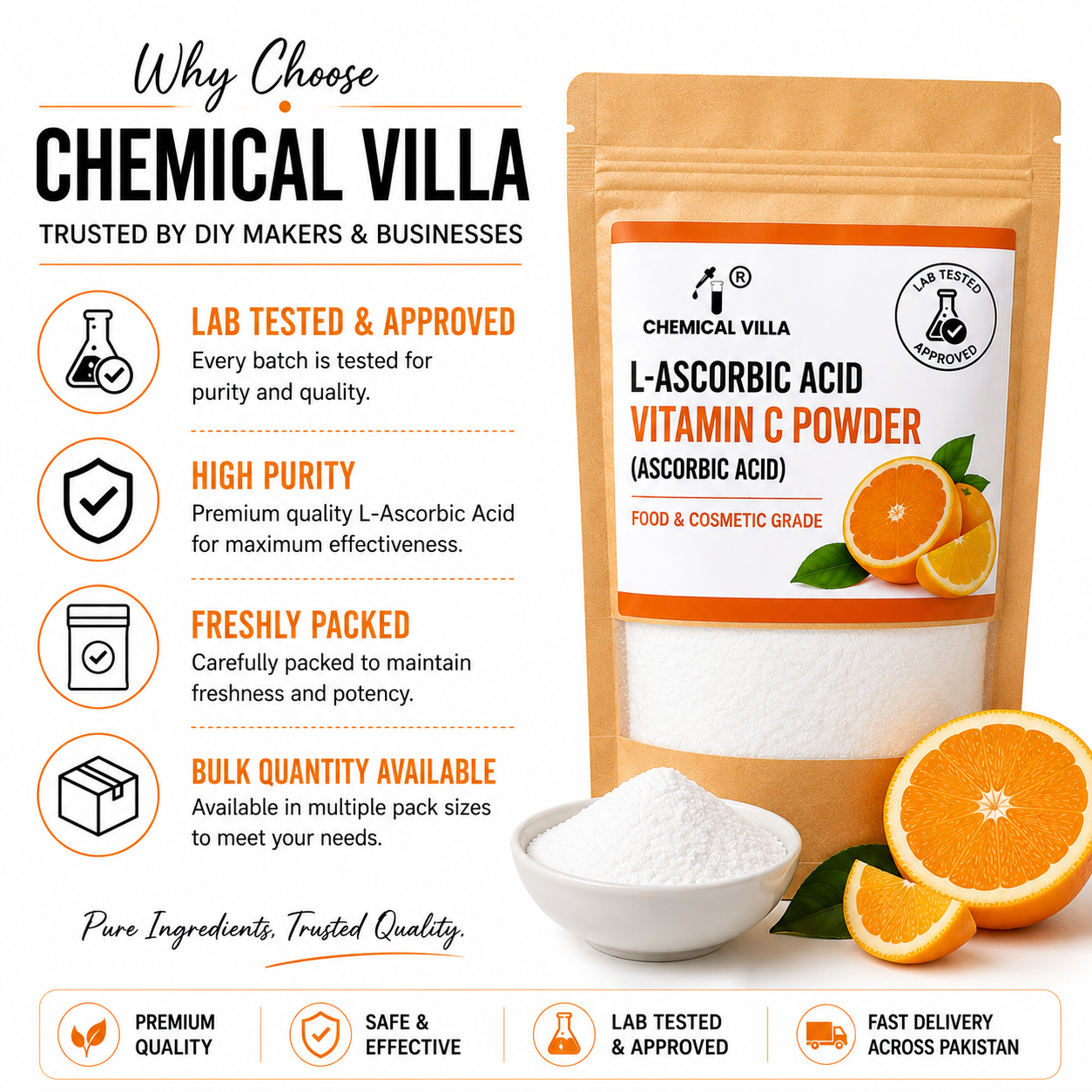 L-Ascorbic Acid (Vitamin C Powder) Food & Cosmetic Grade | Lab Tested | Chemical Villa Pakistan