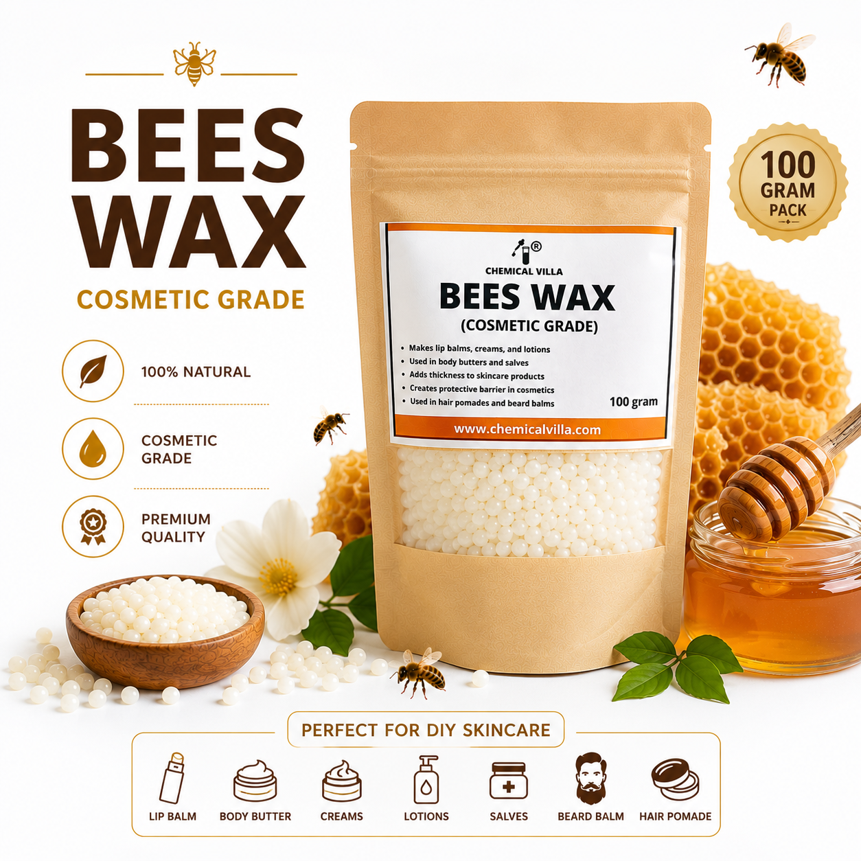 Pure Refined Beeswax (Cosmetic Grade) 50g / 100g | Chemical Villa