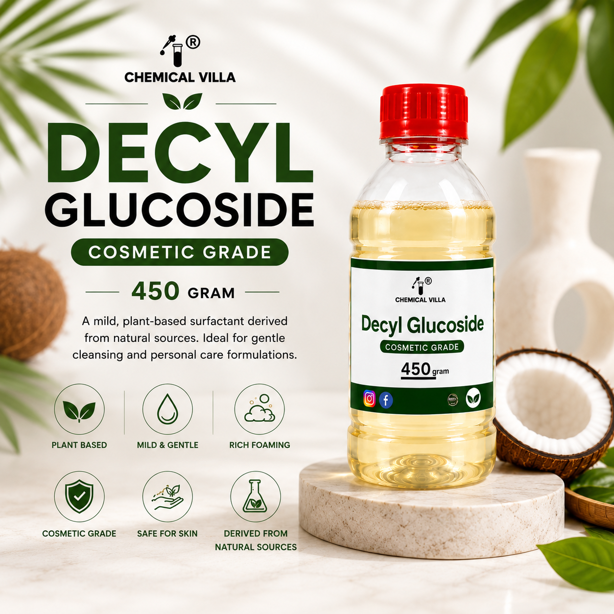 Decyl Glucoside 450g | Cosmetic Grade Plant-Based Surfactant | Chemical Villa