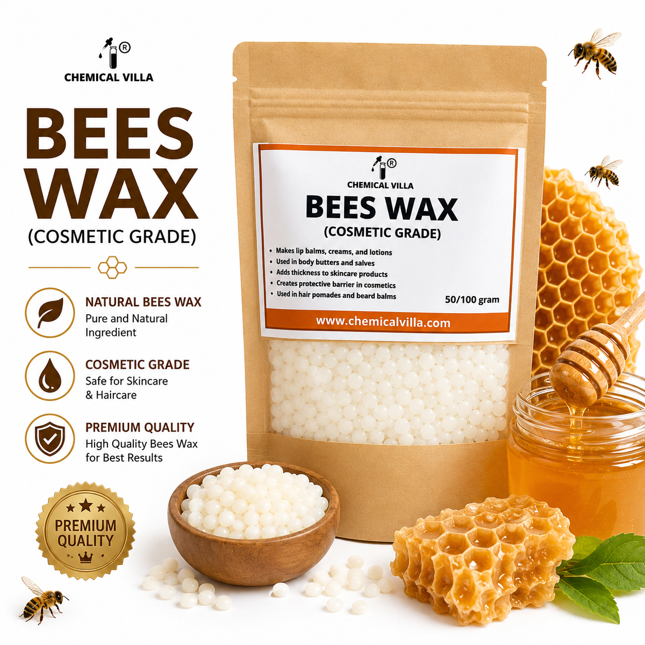 Pure Refined Beeswax (Cosmetic Grade) 50g / 100g | Chemical Villa