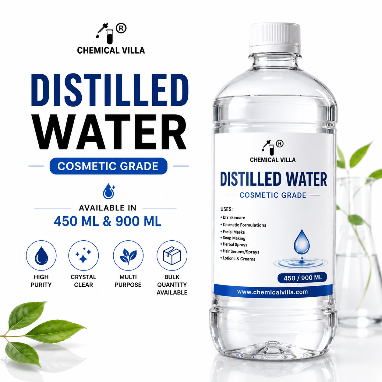 Distilled Water Cosmetic Grade | Pure Deionized Water for Skincare, Soap Making & DIY Cosmetics | 450ml & 900ml | Chemical Villa