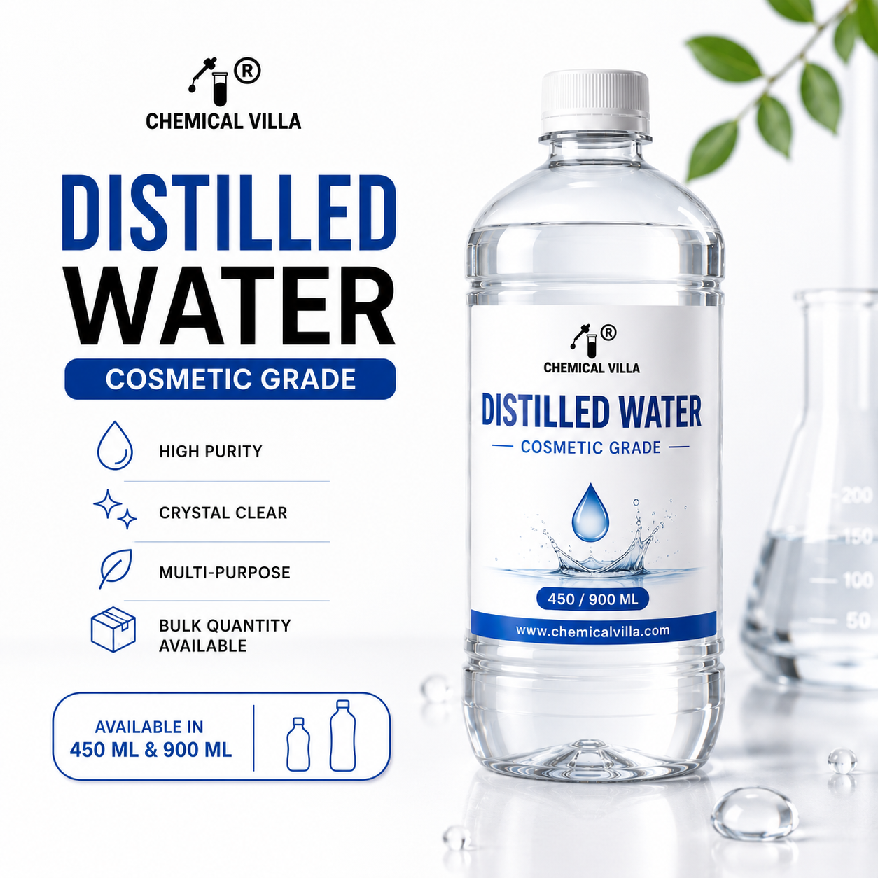 Distilled Water Cosmetic Grade | Pure Deionized Water for Skincare, Soap Making & DIY Cosmetics | 450ml & 900ml | Chemical Villa