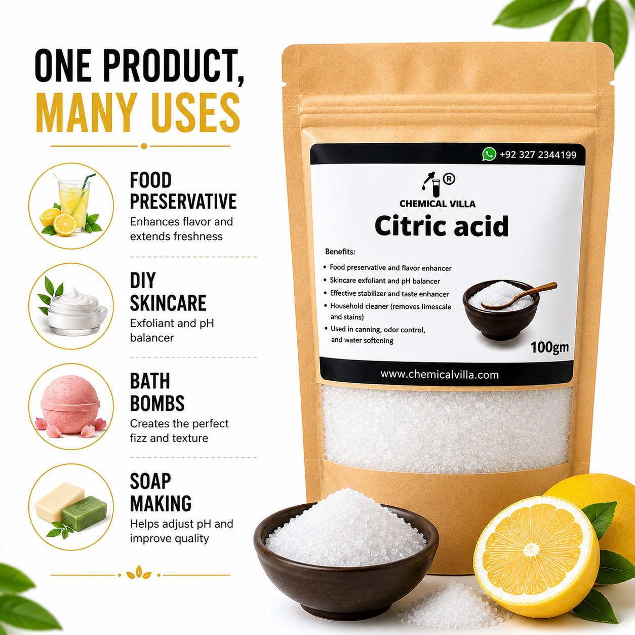 Citric Acid Powder 100g | Food & Cosmetic Grade | Pure Crystal | Chemical Villa