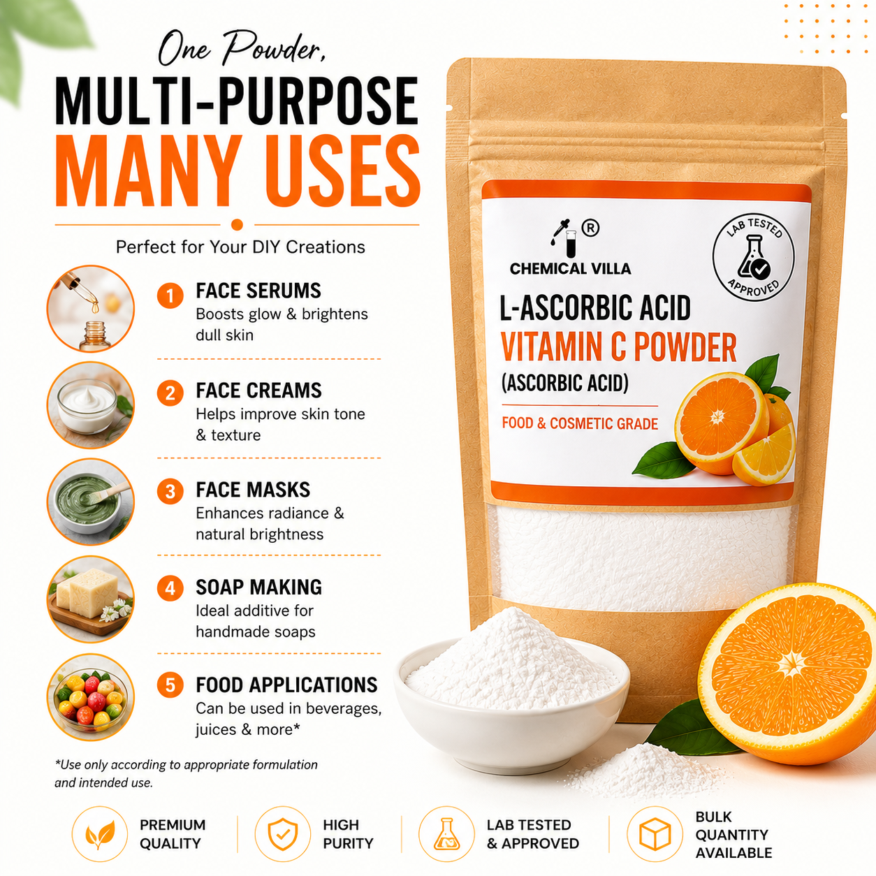 L-Ascorbic Acid (Vitamin C Powder) Food & Cosmetic Grade | Lab Tested | Chemical Villa Pakistan