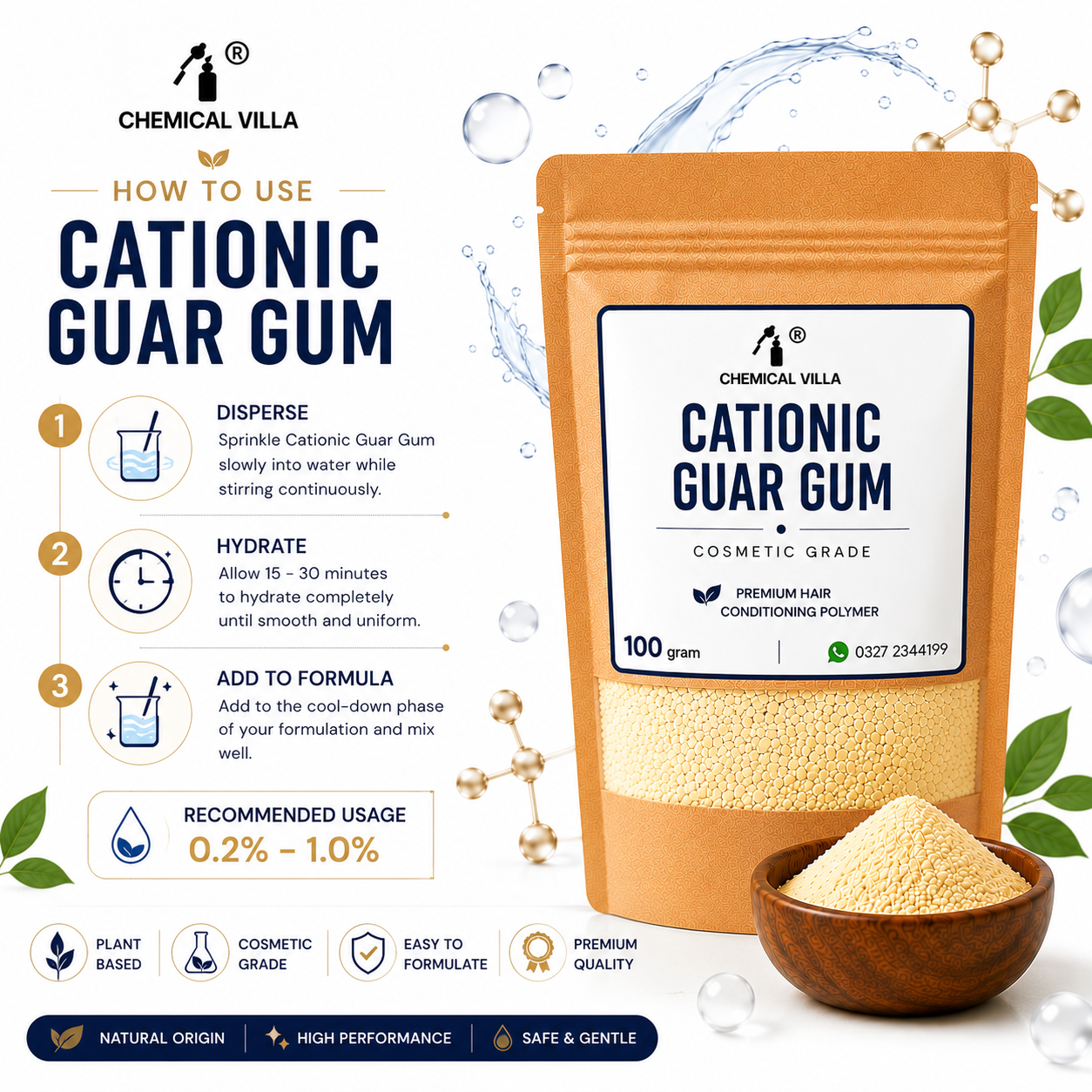Cationic Guar Gum 100g Cosmetic Grade | Hair Conditioning Polymer | Chemical Villa Pakistan