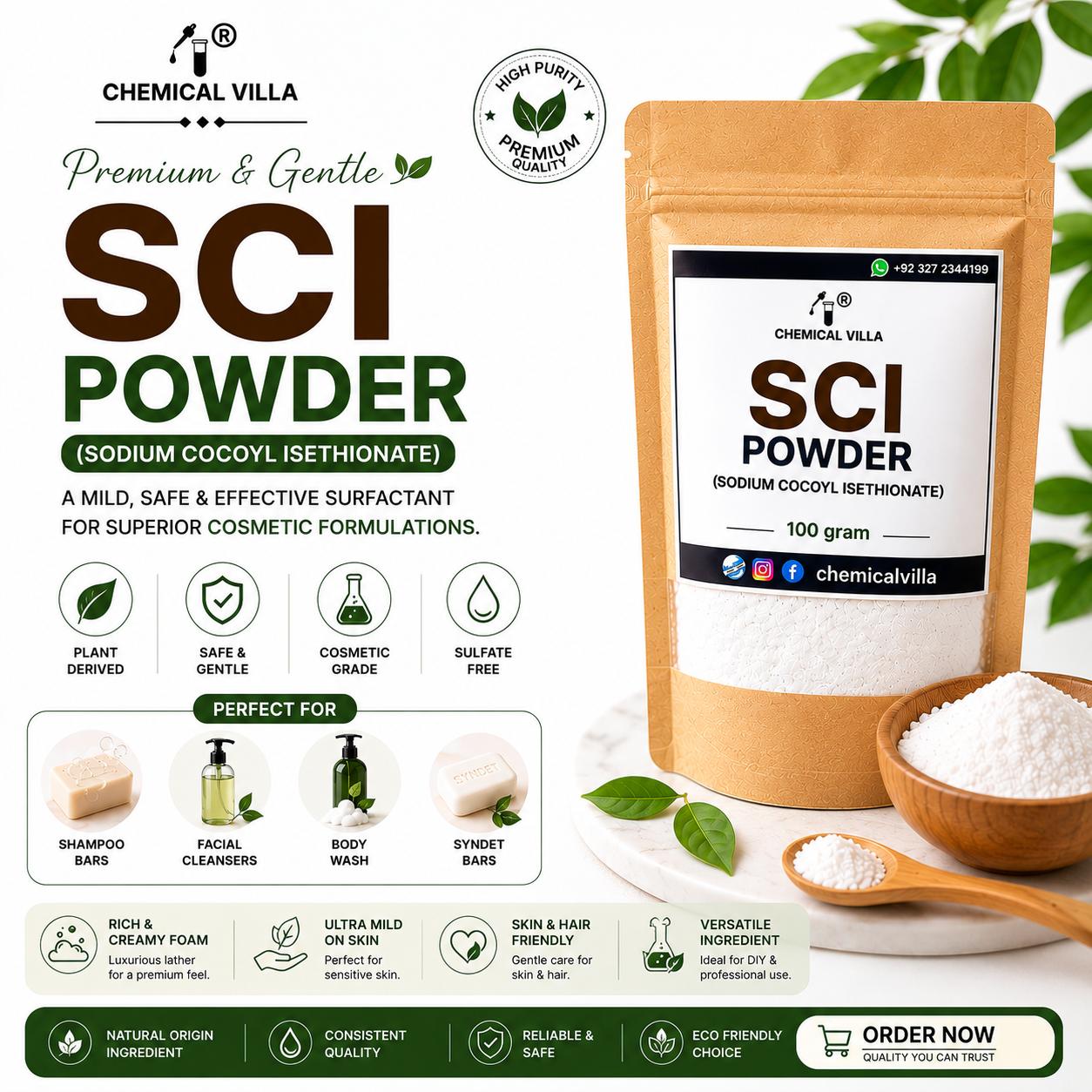 SCI Powder (Sodium Cocoyl Isethionate) 100g | Cosmetic Grade Sulfate-Free Mild Surfactant | Chemical Villa