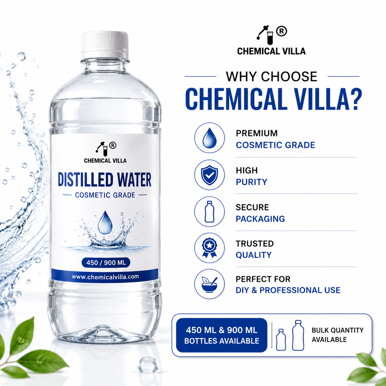 Distilled Water Cosmetic Grade | Pure Deionized Water for Skincare, Soap Making & DIY Cosmetics | 450ml & 900ml | Chemical Villa