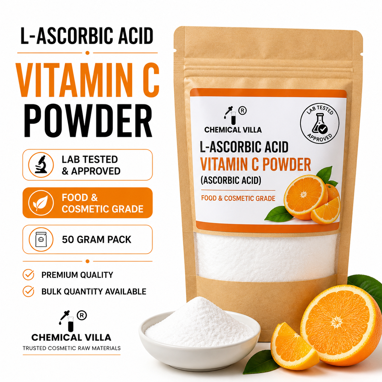 L-Ascorbic Acid (Vitamin C Powder) Food & Cosmetic Grade | Lab Tested | Chemical Villa Pakistan