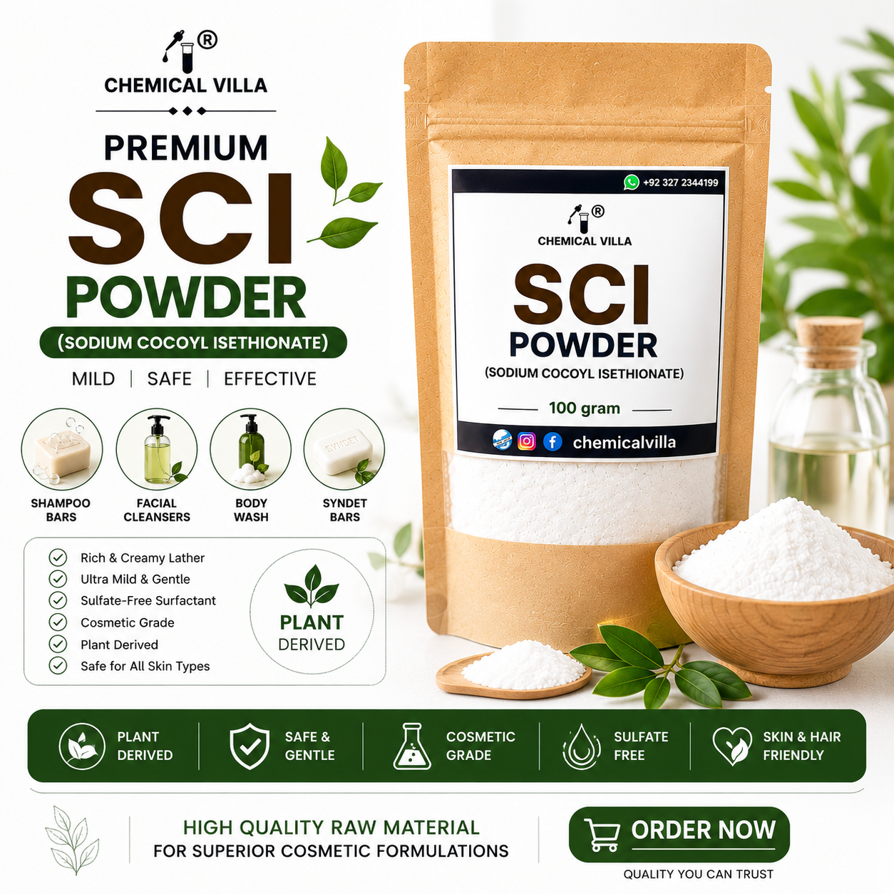 SCI Powder (Sodium Cocoyl Isethionate) 100g | Cosmetic Grade Sulfate-Free Mild Surfactant | Chemical Villa