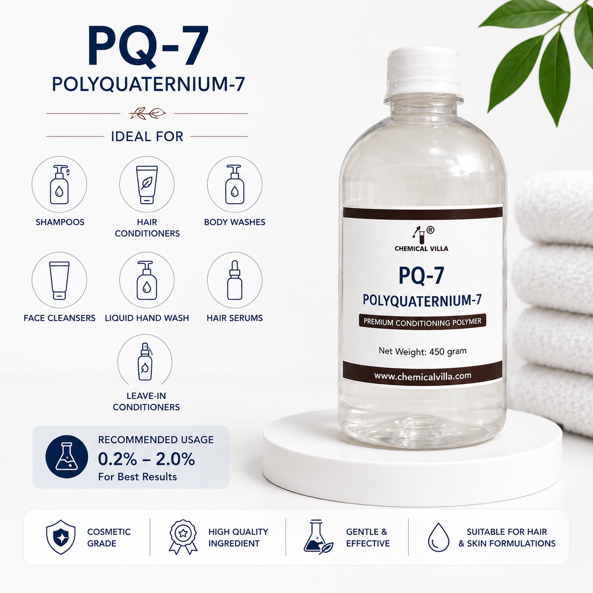 Polyquaternium-7 (PQ-7) Cosmetic Grade Conditioner | Hair Care Raw Material | 450g | Chemical Villa