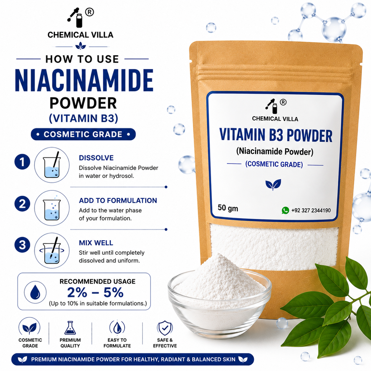 Niacinamide Powder (Vitamin B3) 50g Cosmetic Grade | Chemical Villa Pakistan