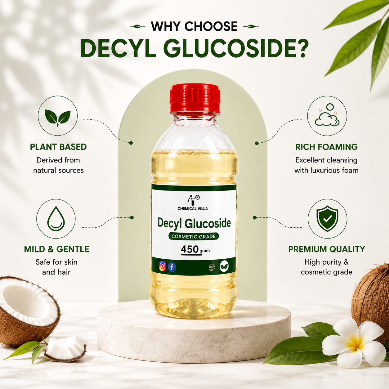 Decyl Glucoside 450g | Cosmetic Grade Plant-Based Surfactant | Chemical Villa