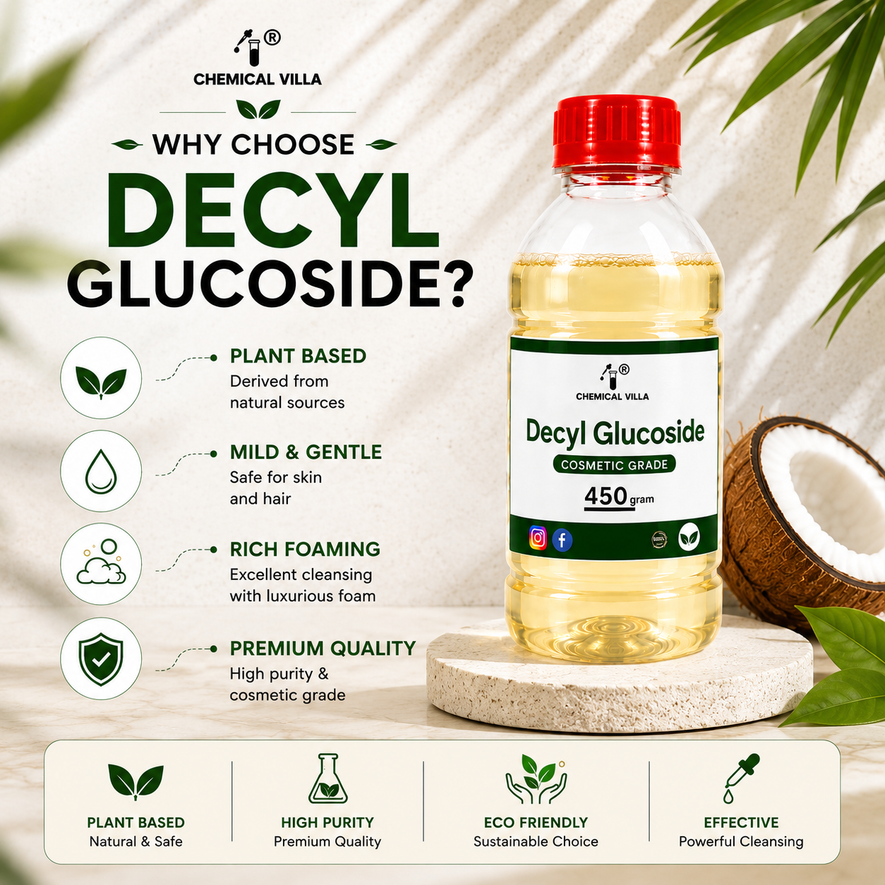 Decyl Glucoside 450g | Cosmetic Grade Plant-Based Surfactant | Chemical Villa