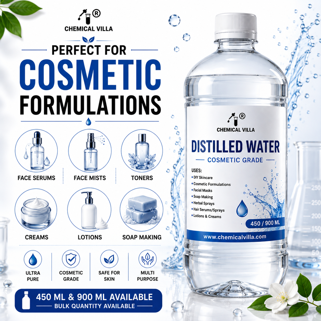 Distilled Water Cosmetic Grade | Pure Deionized Water for Skincare, Soap Making & DIY Cosmetics | 450ml & 900ml | Chemical Villa