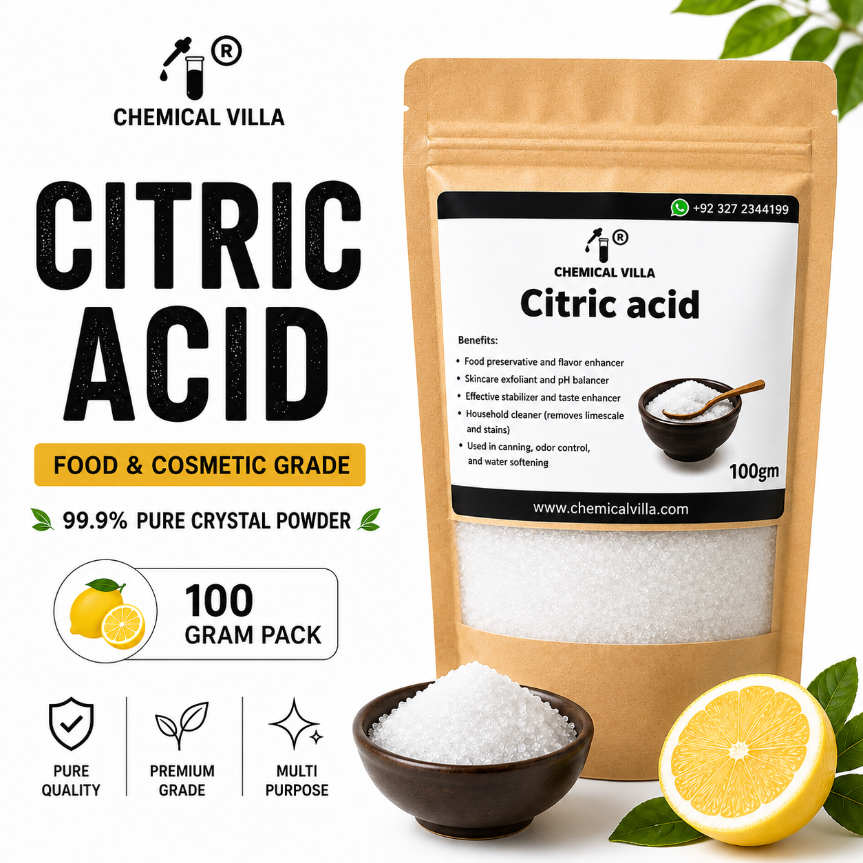Citric Acid Powder 100g | Food & Cosmetic Grade | Pure Crystal | Chemical Villa