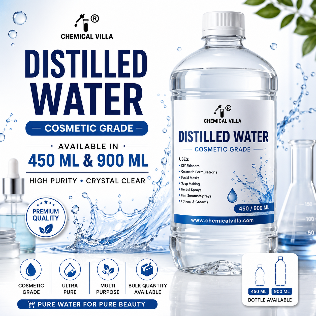 Distilled Water Cosmetic Grade | Pure Deionized Water for Skincare, Soap Making & DIY Cosmetics | 450ml & 900ml | Chemical Villa