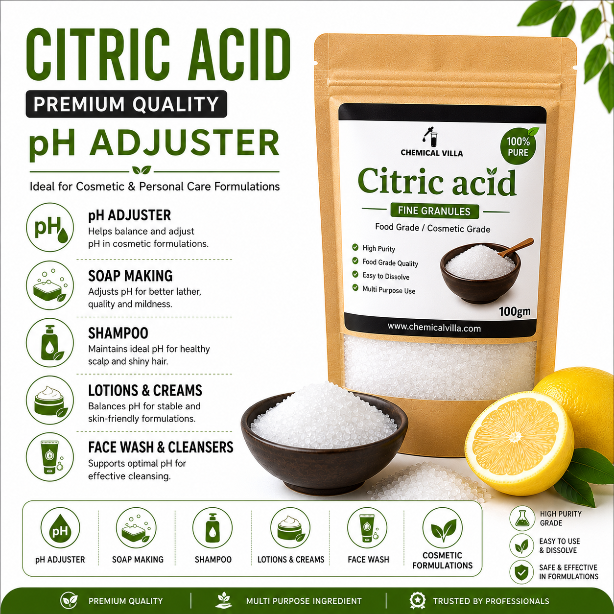 Citric Acid Powder 100g | Food & Cosmetic Grade | Pure Crystal | Chemical Villa